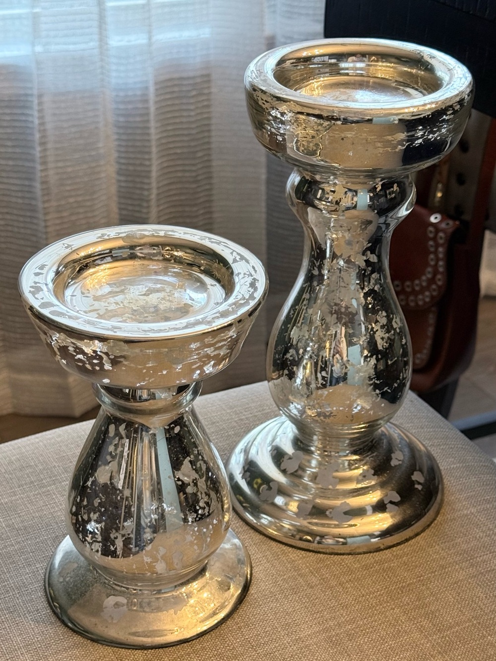 Retired Party-Lite  Mercury Glass Pillar Candle Holder Set - Silver/Champagne